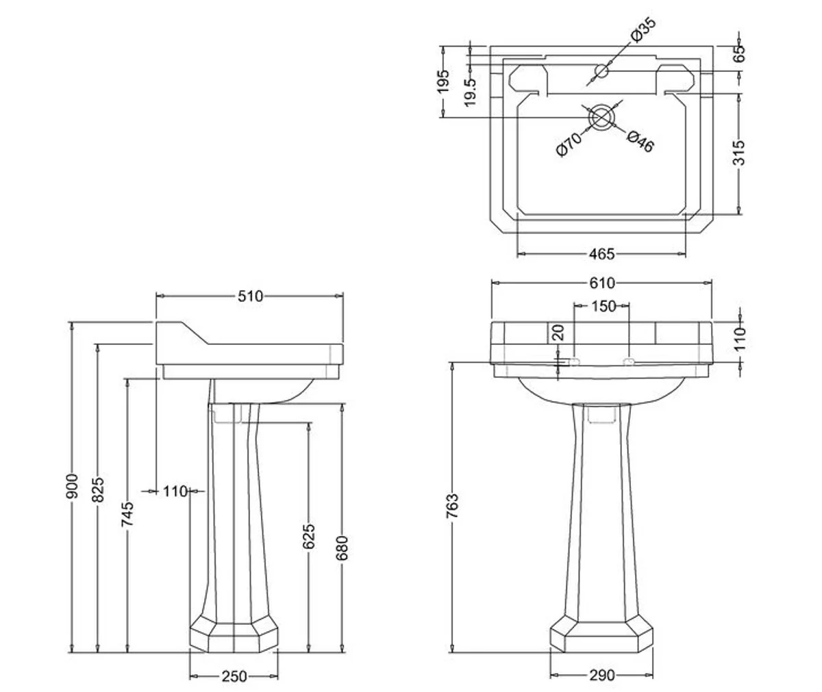 Luxury porcelain sink with base 61 x 51 x H. 90 cm - antique style sink