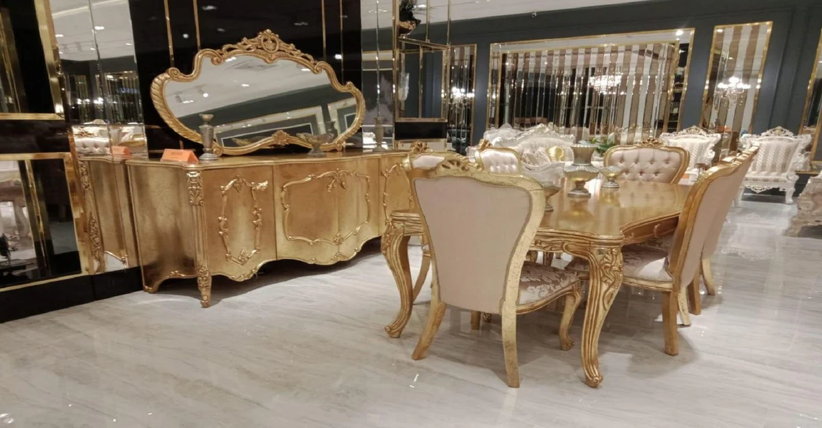 Luxury Baroque Dining Room Set Pink / Gold - 1 Baroque Dining Table & 6 Baroque Dining Room Chairs with Elegant Pattern - Dining Room Furniture in Baroque Style - Noble & Magnificent