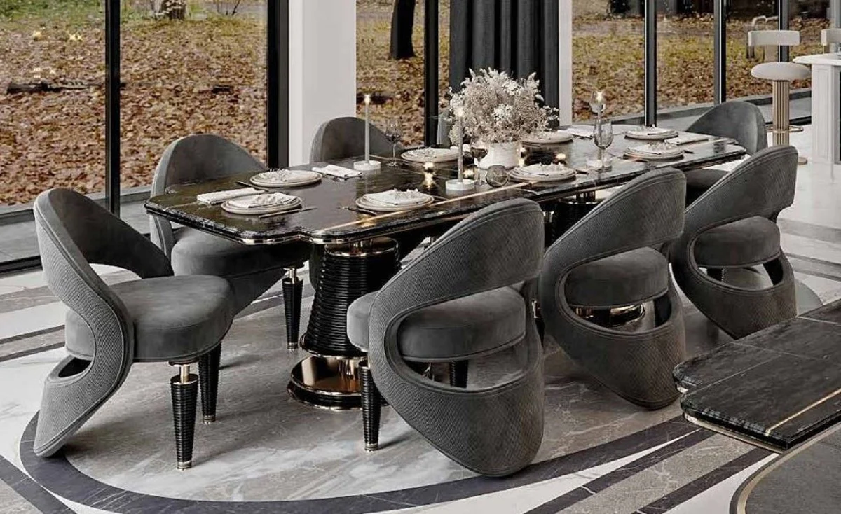 Luxury dining room furniture set gray / black / gold - 1 luxury dining table with faux marble table top & 8 luxury dining room chairs - dining room furniture - restaurant furniture - luxury furniture