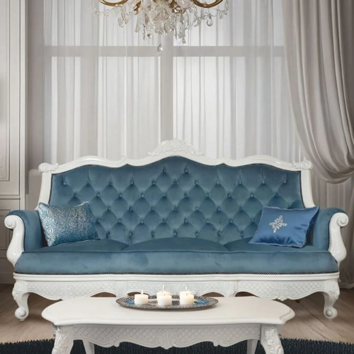 Luxury Baroque Velvet Sofa Blue / White 210 cm - Baroque style living room furniture