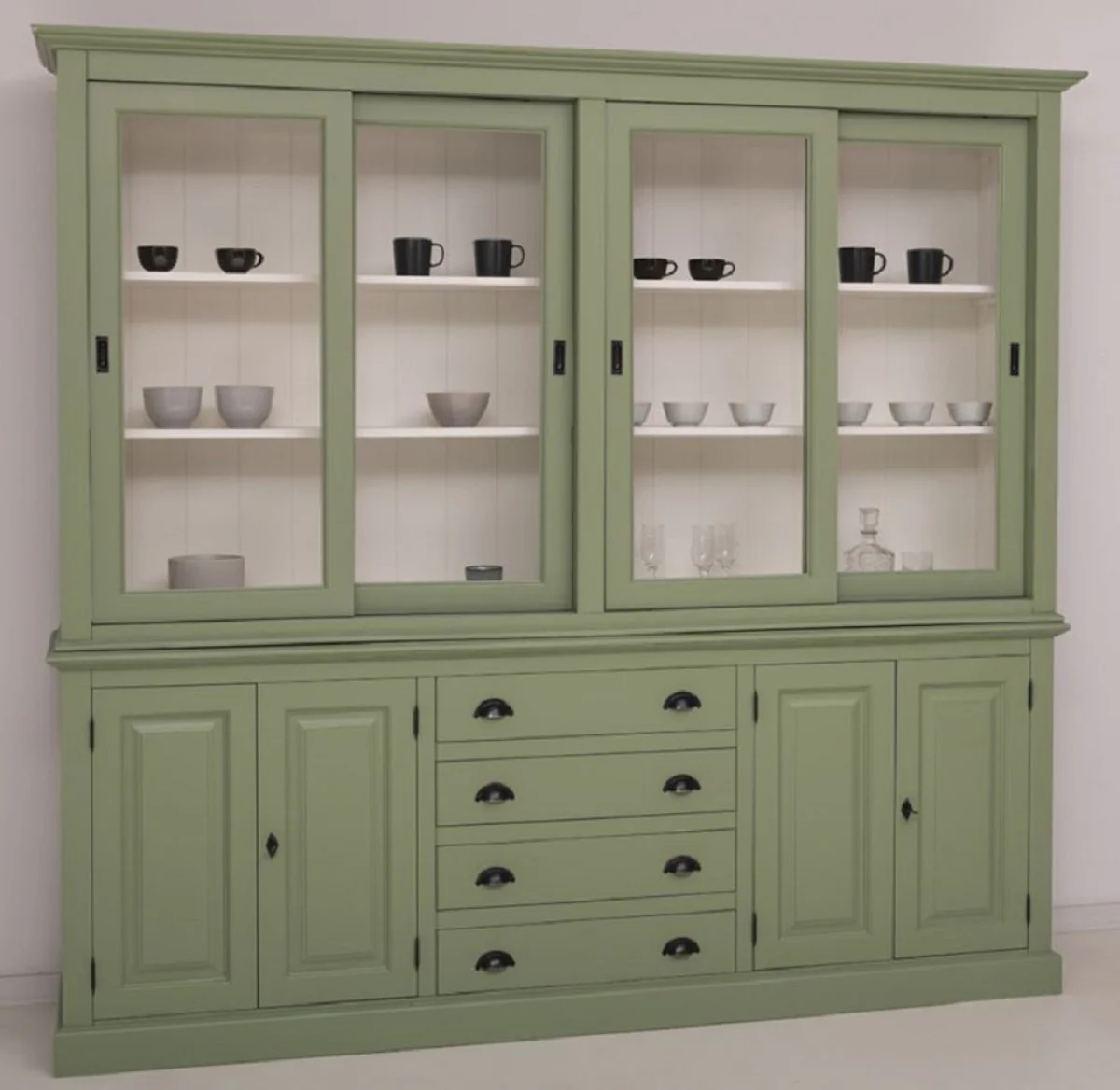 Country house style dining room cabinet green / white 240 x 47 x H. 220 cm - solid wood kitchen cabinet - dining room furniture in country house style - country house style dining room furnishings