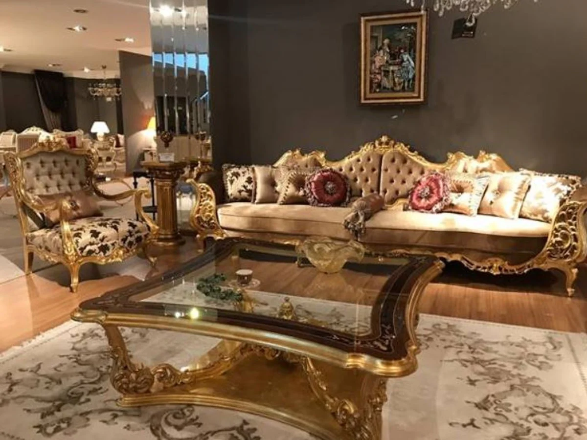 Luxury baroque coffee table brown / antique gold 145 x 145 x H. 50 cm - Magnificent living room table in baroque style - Baroque furniture