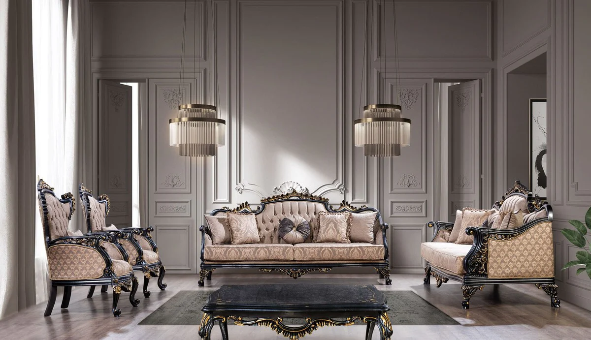 Luxury baroque sofa gray / blue / gold - baroque style living room sofa with elegant pattern - luxury living room furniture in baroque style - baroque furniture - baroque furnishings