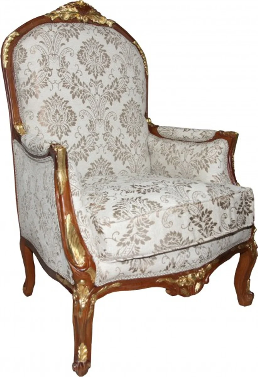 Barock Salon Sessel Creme / Braun / Gold Mod1 - Möbel Antik Stil - Limited Edition
