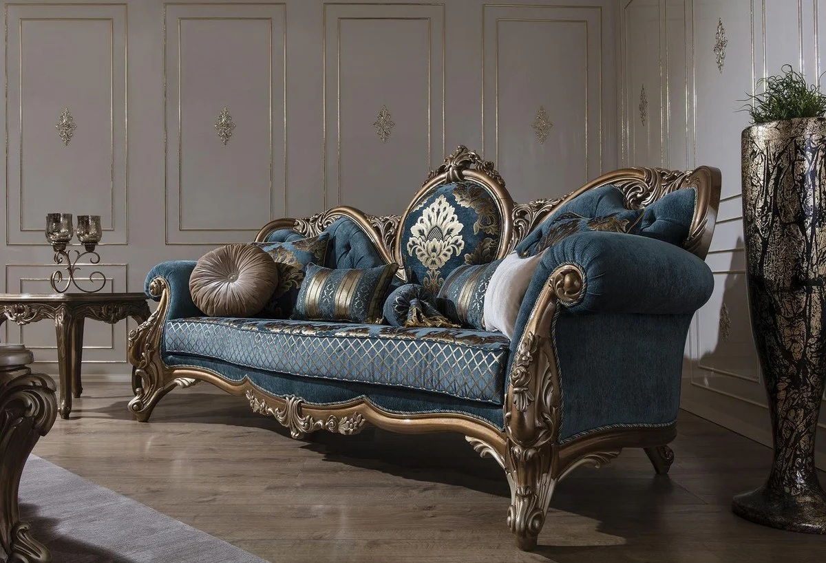 Luxury Baroque sofa blue / gold 260 x 90 x H. 125 cm - Magnificent living room sofa with elegant pattern and decorative pillows - Baroque furniture