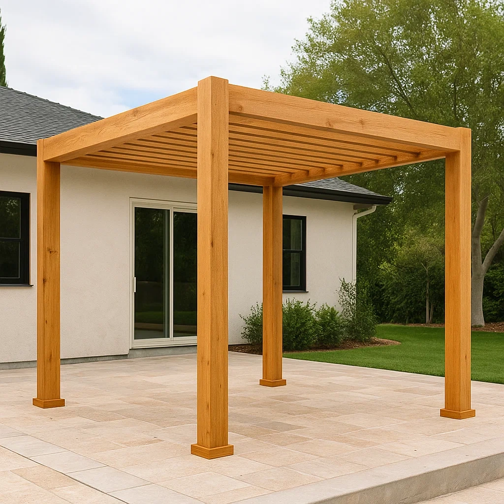 Quadratische Pergola aus massivem, hellbraunem Holz, ohne Dach, feste Konstruktion mit verstärkten Pfosten, 300 x 300 x 240 cm, für Garten oder Terrasse - mtG5Ml4DWxma