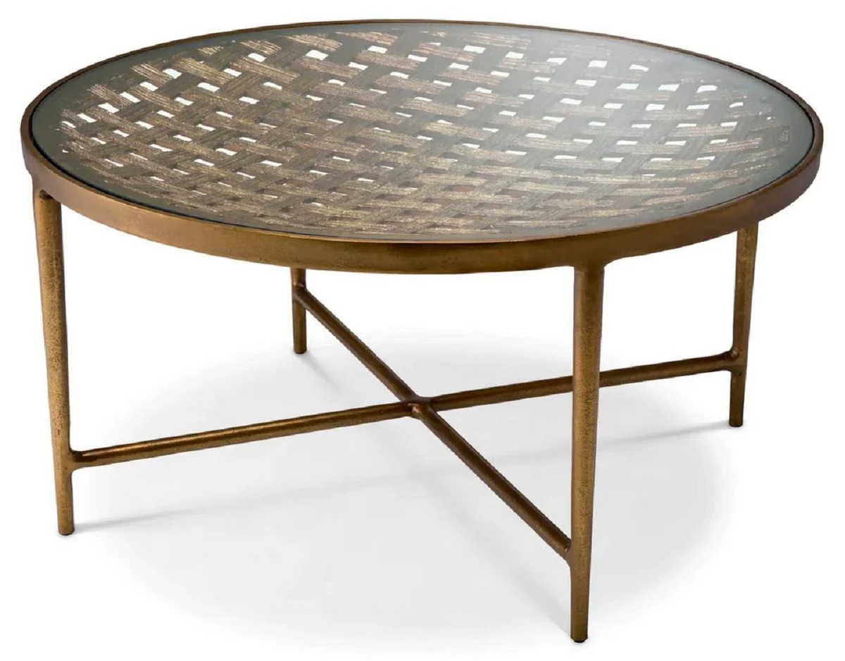 Luxury coffee table antique brass Ø 90 x H. 44.5 cm - Round aluminum living room table with glass top - Luxury furniture - Living room furniture - Luxury furnishings
