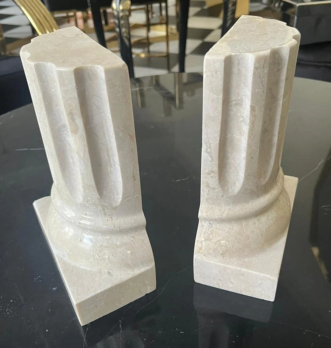 Luxus Marmor Buchstützen Set Barock Säulen Creme H. 21 cm