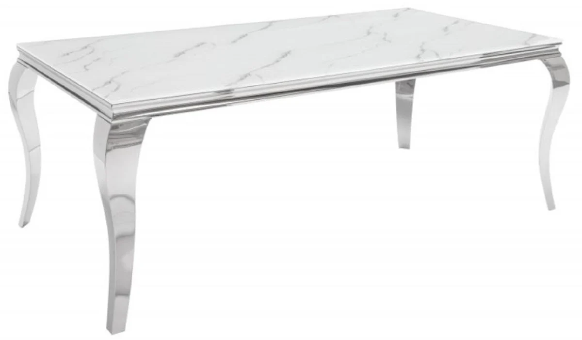 Designer dining table white / gray / silver 180 x 95 x H. 75 cm - Rectangular stainless steel kitchen table with digitally printed safety glass in a marble look - Modern baroque furniture