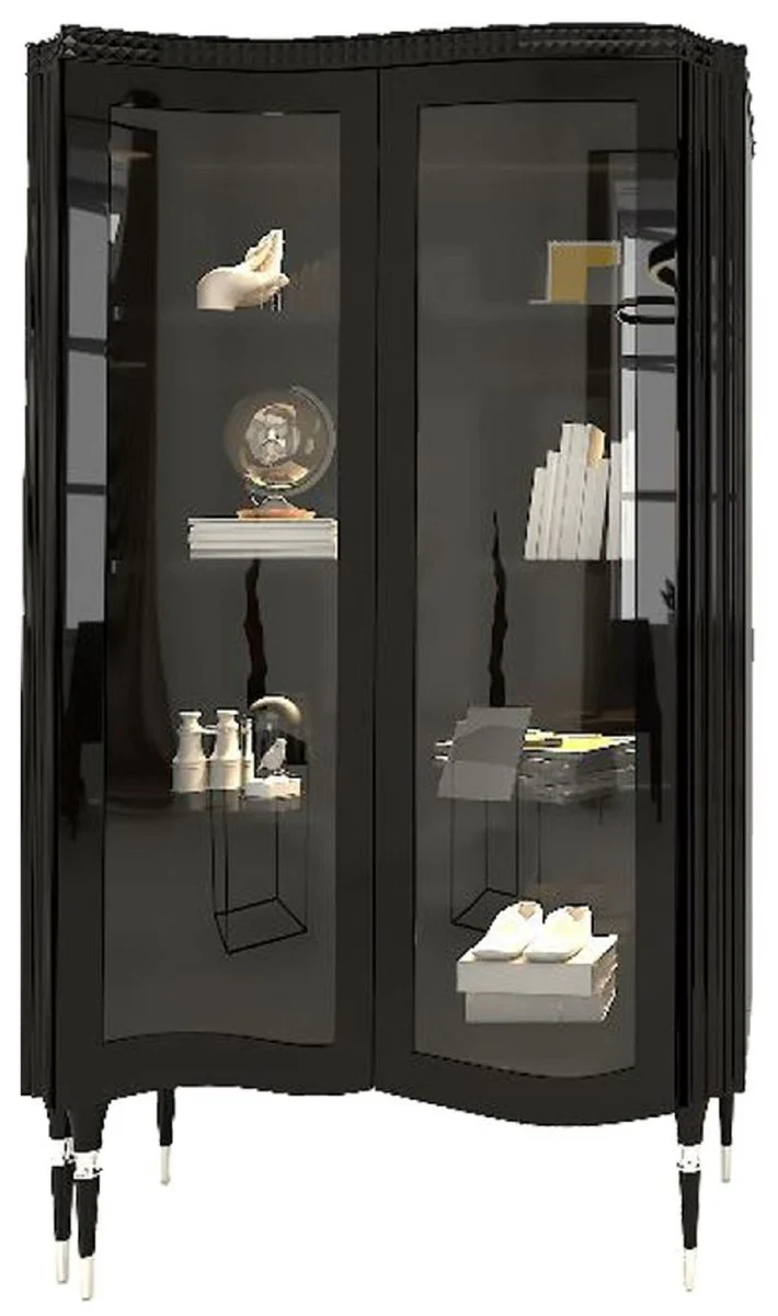Luxury Art Deco display cabinet black / silver - handmade solid wood display cabinet with 2 glass doors - Art Deco living room furniture