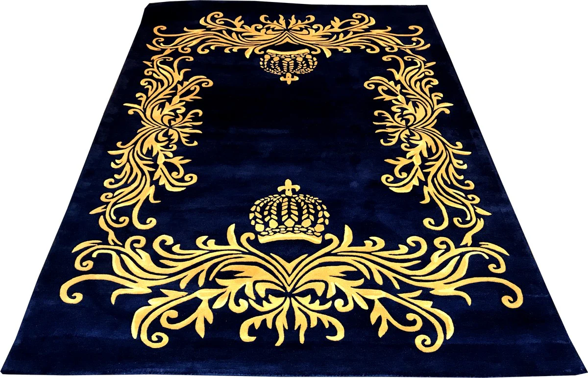Pompöös by luxury carpet by Harald Glööckler 200 x 290 cm crown royal blue / gold - baroque design carpet - hand-woven from wool