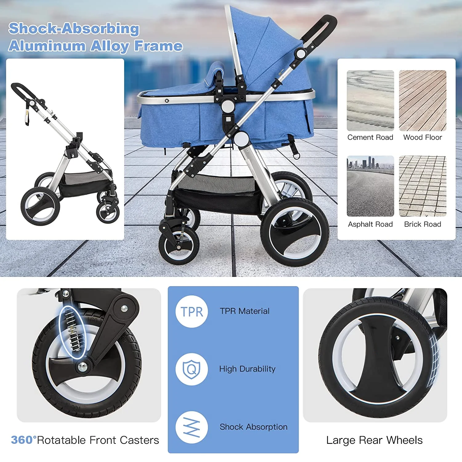 Kinderwagen für Neugeborene, 2-in-1-Hochformat-Kinderwagen und umwandelbarer Stubenwagen, verstellbare Rückenlehne und Verdeck, Getränkehalter, Aufbewahrungskorb, faltbarer Kinderwagen mit Fußabdeckung (blau)