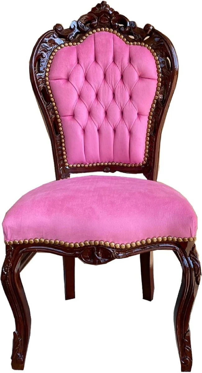 Baroque dining room chair pink / brown 53 x 57 x H. 108 cm - Handcrafted solid wood kitchen chair with elegant velvet fabric - Baroque dining room furniture