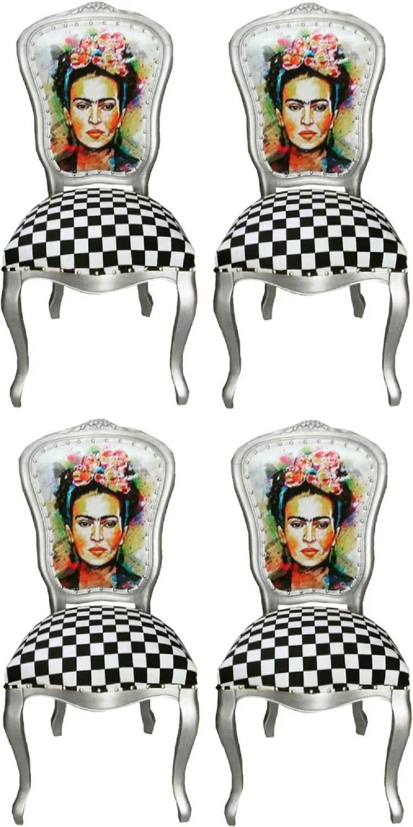 Luxury Baroque Dining Room Set Madmoisell Silver / Multicolored 55 x 54 x H. 103 cm - 4 handmade dining room chairs - Baroque dining room furniture