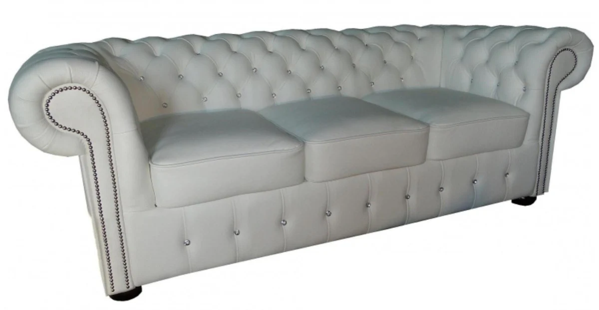 Chesterfield genuine leather 3-seater sofa in white with rhinestones 200 x 90 x H. 78 cm - luxury furniture