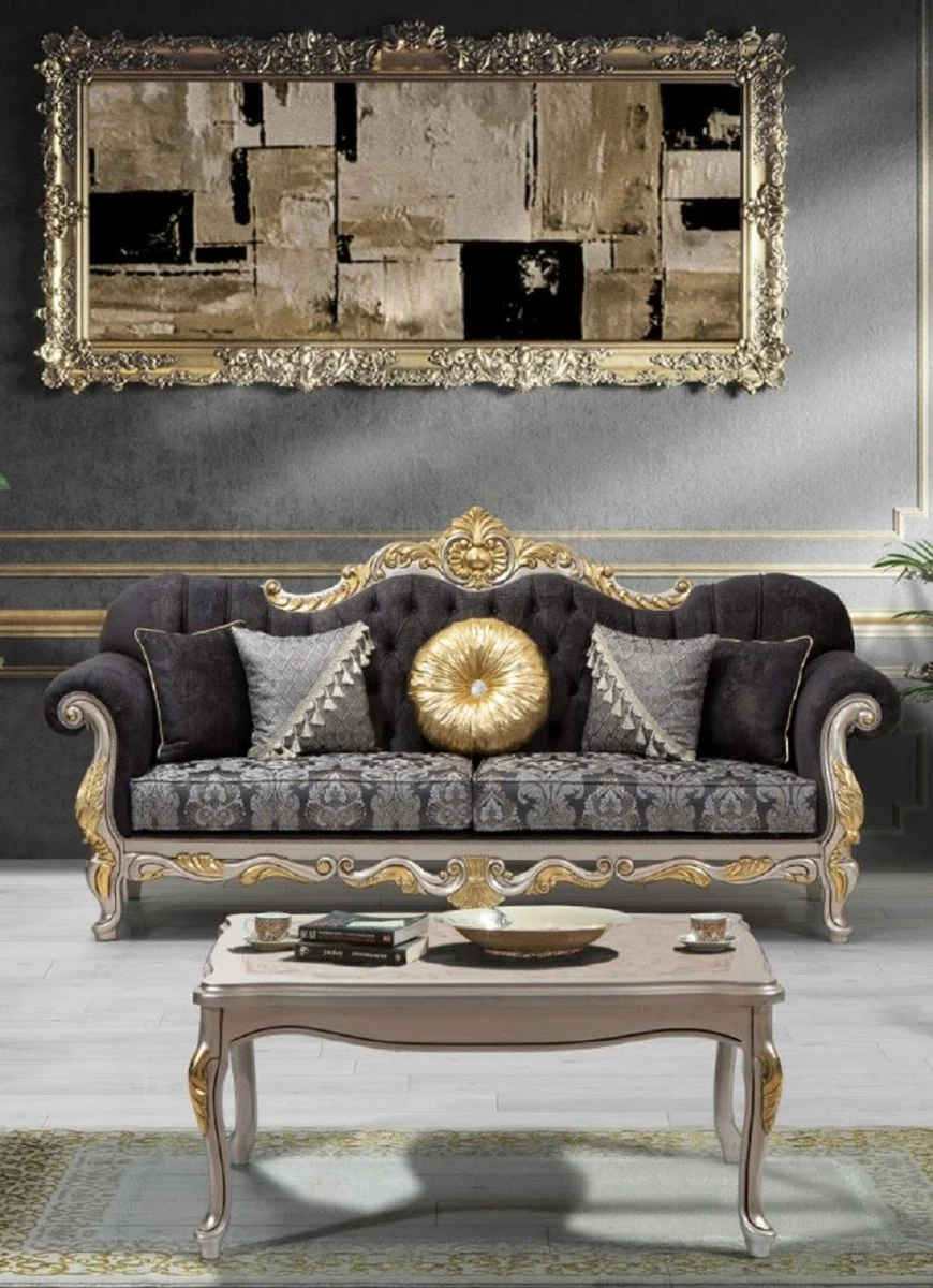 Luxury baroque living room set black / silver / gold - 2 sofas & 2 armchairs & 1 coffee table - living room furniture in baroque style - noble & magnificent