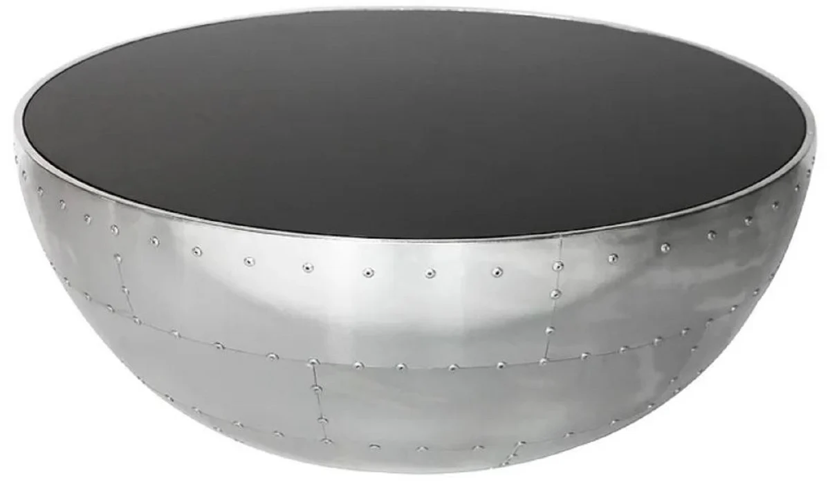 Luxury coffee table silver / black Ø 82 x H. 34 cm - Round aluminum living room table with glass top - Aluminum airplane aviator furniture - living room furniture - luxury furniture