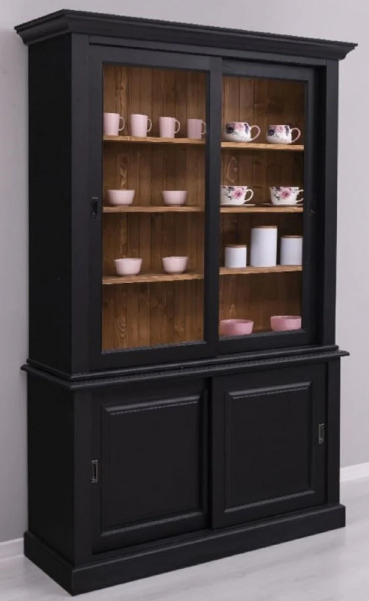 Country house style dining room cabinet black / brown 141 x 48 x H. 212 cm - solid wood cabinet with 4 sliding doors - country house style solid wood dining room furniture