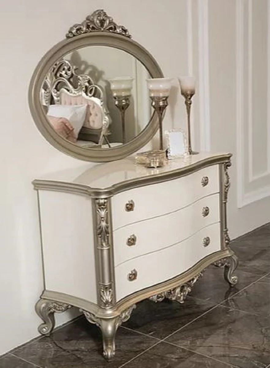 Luxury baroque bedroom chest of drawers with elegant wall mirror white / silver - solid wood cabinet with mirror - bedroom furniture in baroque style - noble and magnificent
