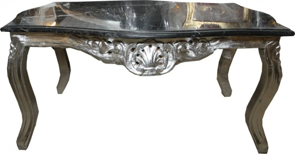 Baroque coffee table silver with black marble top 100 x 70 cm