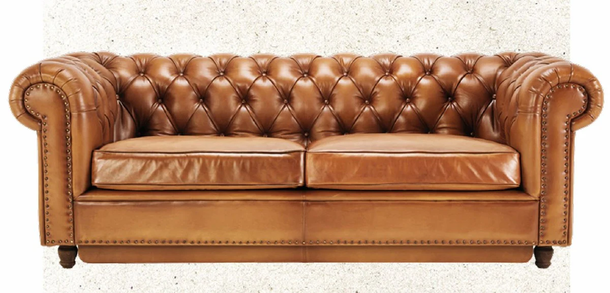 Luxury Chesterfield genuine leather sofa bed light brown / brown 220 cm - genuine leather furniture