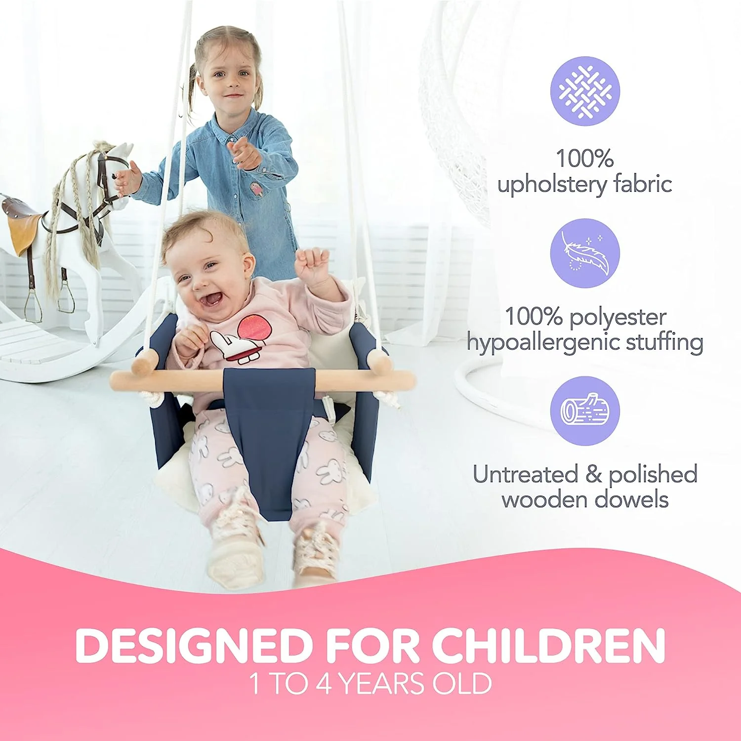 Babyschaukel aus Segeltuch, hängender Schaukelsitz aus Holz mit Sicherheitsgurt, langlebiger Baby-Hängemattenstuhl, Außen- und Innenschaukel für Kinder, Montagezubehör im Lieferumfang enthalten, Elfenbeinfarben