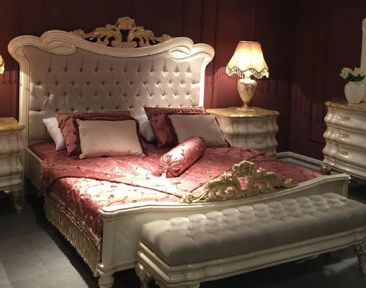 Luxury Baroque double bed gray / white / gold - magnificent solid wood bed with glittering stones - Baroque bedroom furniture