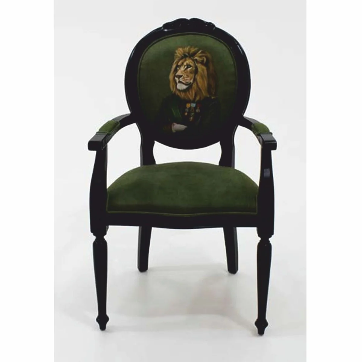 Luxury Baroque Velvet Dining Chair with Armrests Officer Lion Green/Black