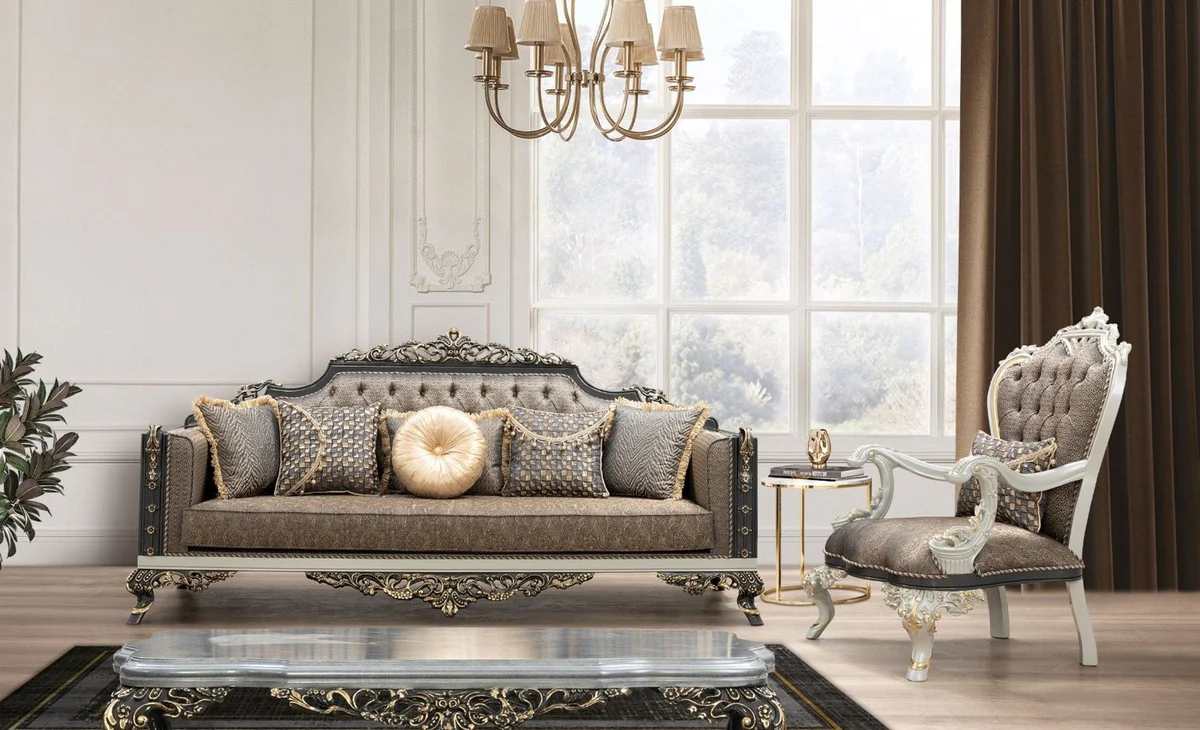 Luxury Baroque Sofa Blue / Gold / Gray / White / Gold - Magnificent living room sofa with elegant pattern - Baroque living room furniture