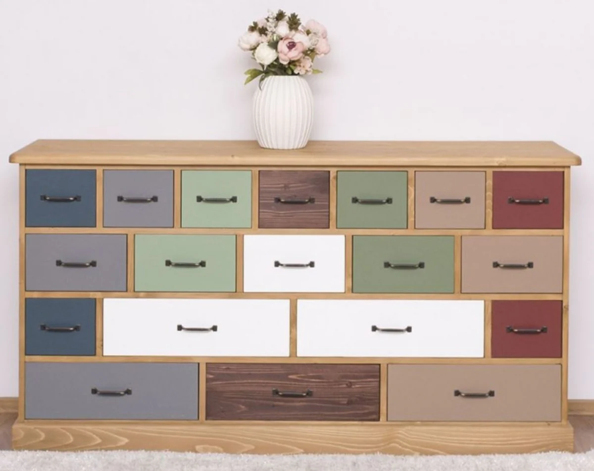 Country house style chest of drawers light brown / multicolored 180 x 48 x H. 95 cm - solid wood cabinet with 19 drawers - country house style furniture