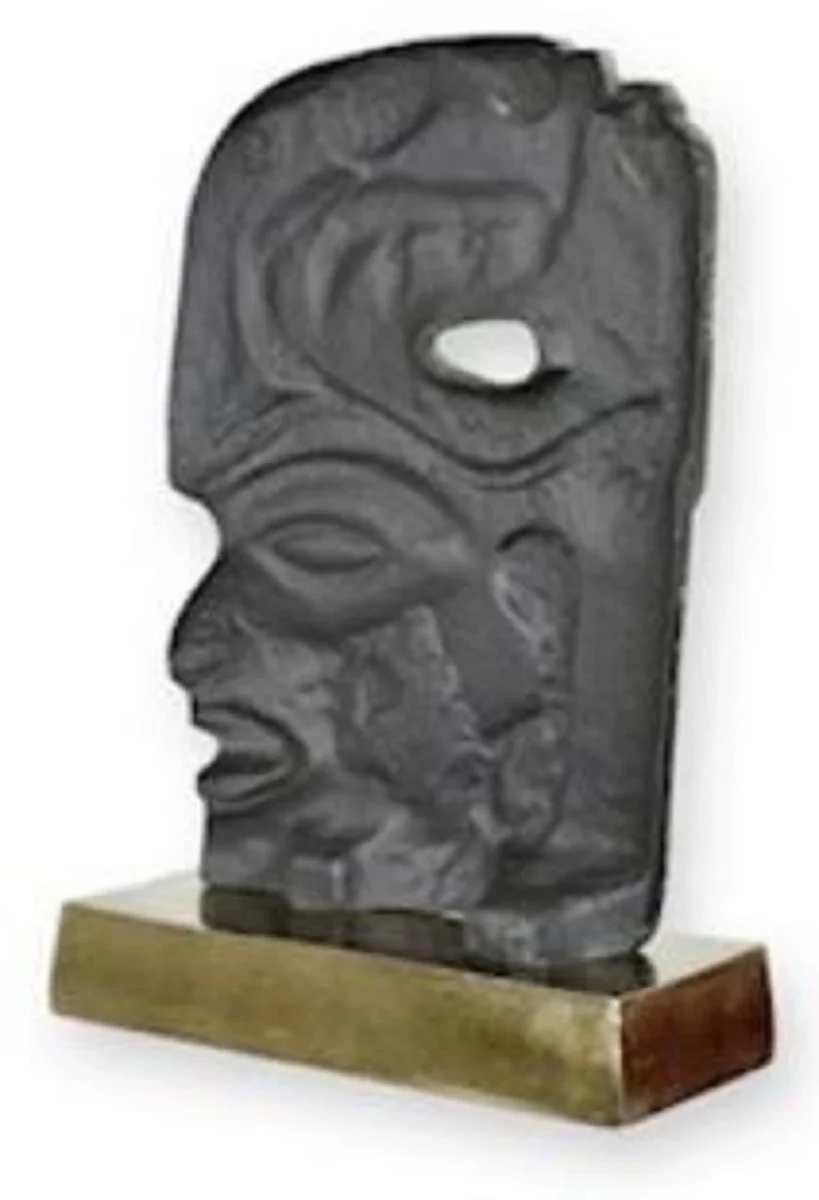Luxus Aluminium Deko Skulptur Maya Gesicht Antik Mintgrün / Grau / Gold 24 x 10,4 x H. 35,4 cm - Aluminium Deko Figur - Wohnzimmer Deko - Schreibtisch Deko