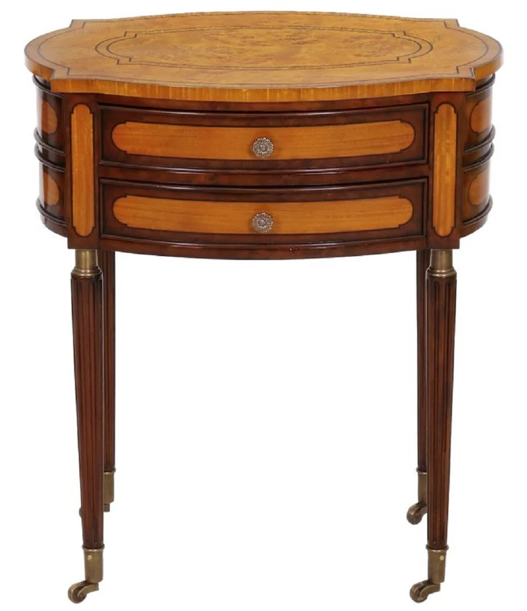 Luxury Art Nouveau nightstand light brown / dark brown - Elegant solid wood bedside table with 2 drawers and wheels - Baroque & Art Nouveau bedroom furniture