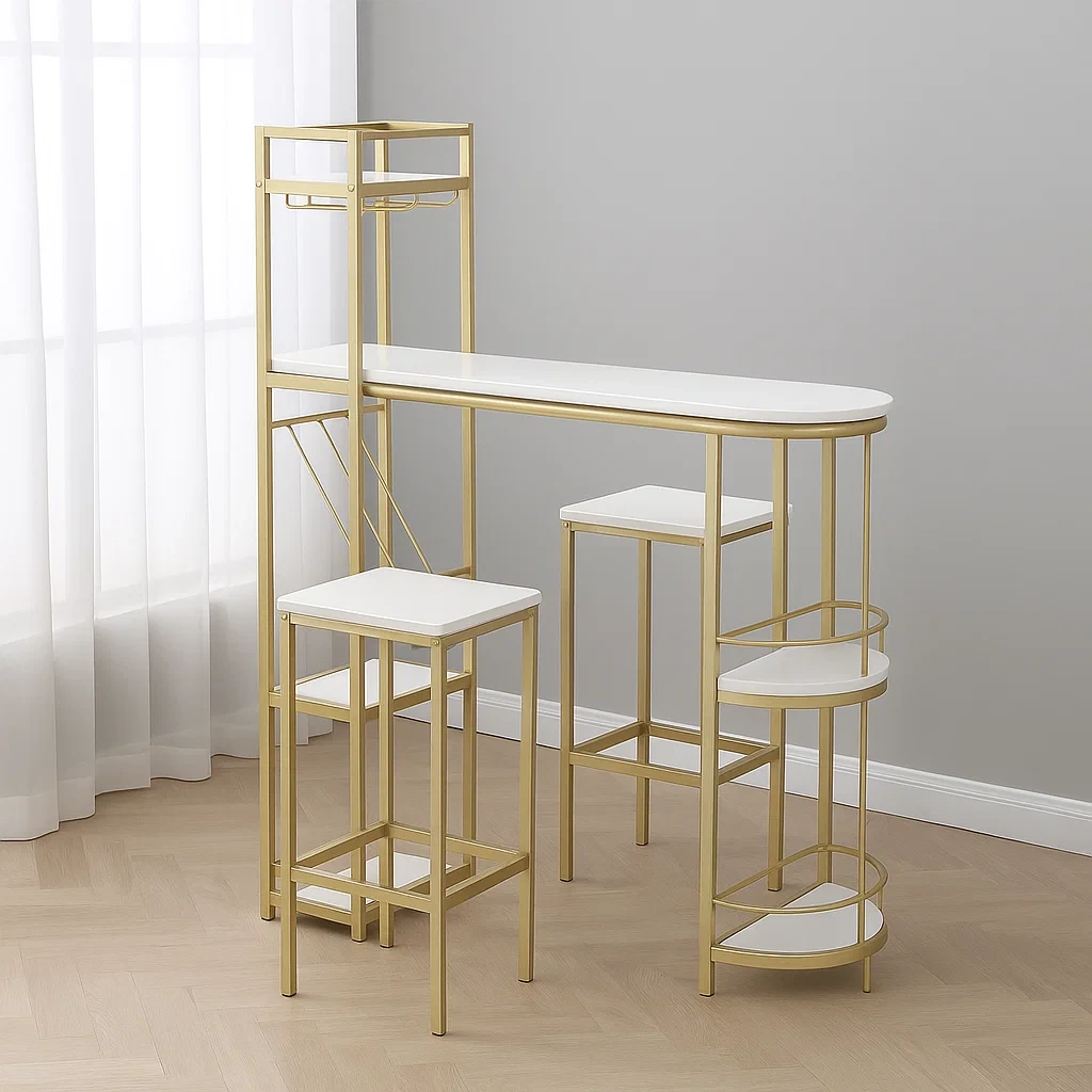 Bartisch- und Barhocker-Set, bestehend aus einem Tisch und zwei Stühlen, weiß, Holz und Metall, für den Innenbereich