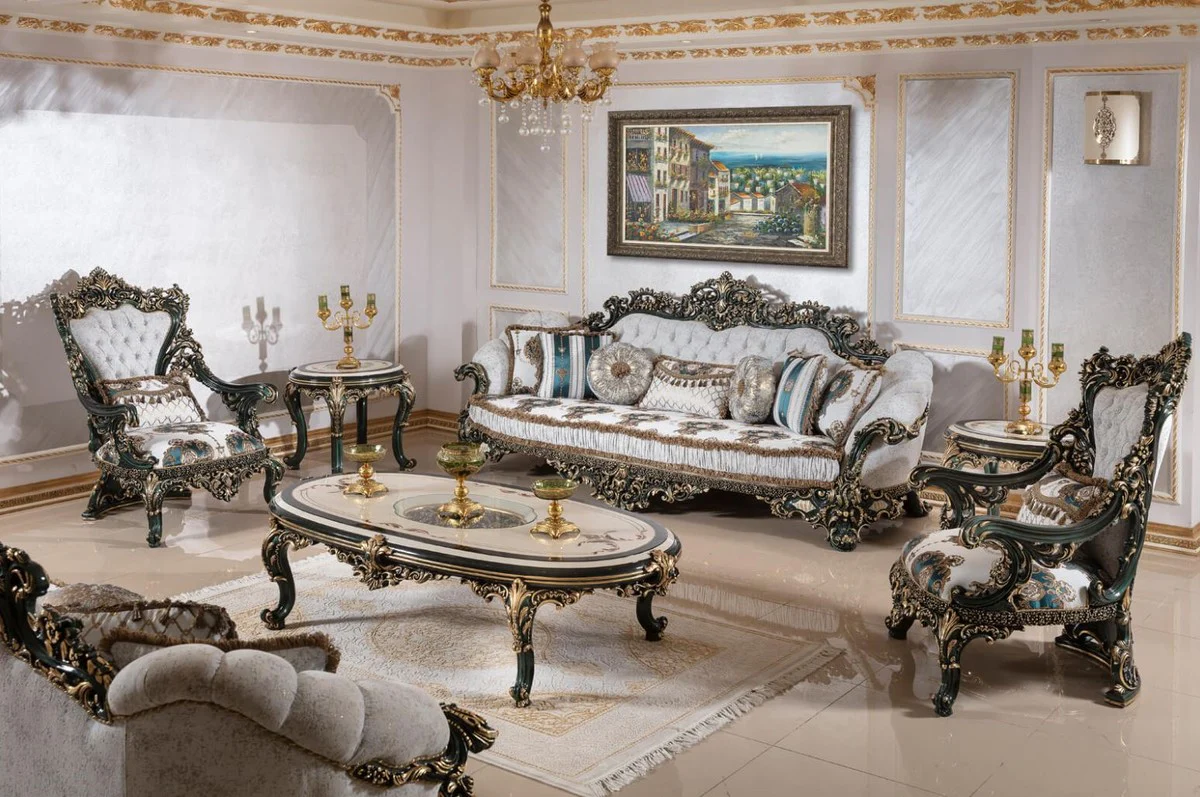 Luxury Baroque Sofa White / Multicolored / Green / Gold - Magnificent Living Room Sofa with Elegant Pattern - Baroque Living Room & Hotel Furniture - Noble & Magnificent