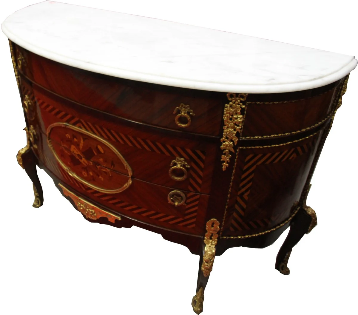 French antique style chest of drawers inlaid brown with white marble top - Baroque furniture
