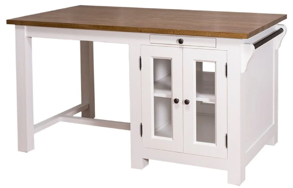 Country house style kitchen island with 4 glass doors and 2 drawers white / dark brown 150 x 85 x H. 80 cm - country house style kitchen furniture