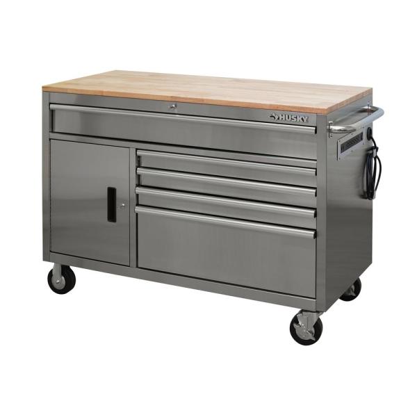 52 IN W 5-DRAWER 1-DOOR, DEEP TOOL CHEST MOBILE WORKBENCH IN STAINLESS STEEL MIT HARDWOOD TOP
