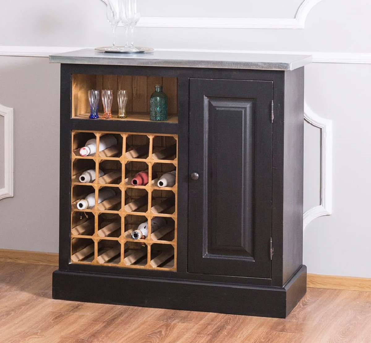 Country house style wine cabinet black / natural / silver 90 x 41 x H. 90 cm - wine cabinet with door and galvanized plate