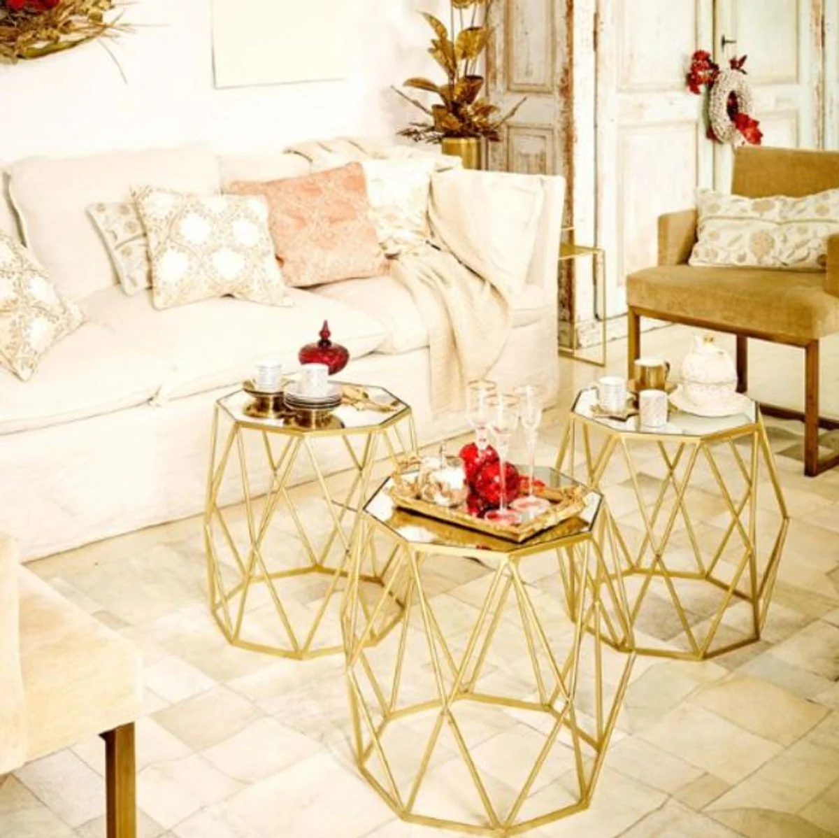 Luxury side table set gold - 3 metal tables with glass top - living room furniture - luxury collection
