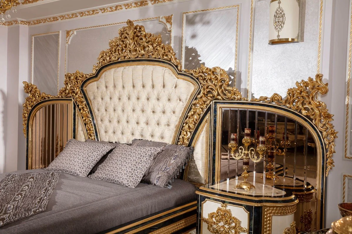 Luxury baroque bedroom set gold / white / blue / gold - 1 double bed with headboard & 2 bedside chests - bedroom furniture in baroque style - noble and magnificent