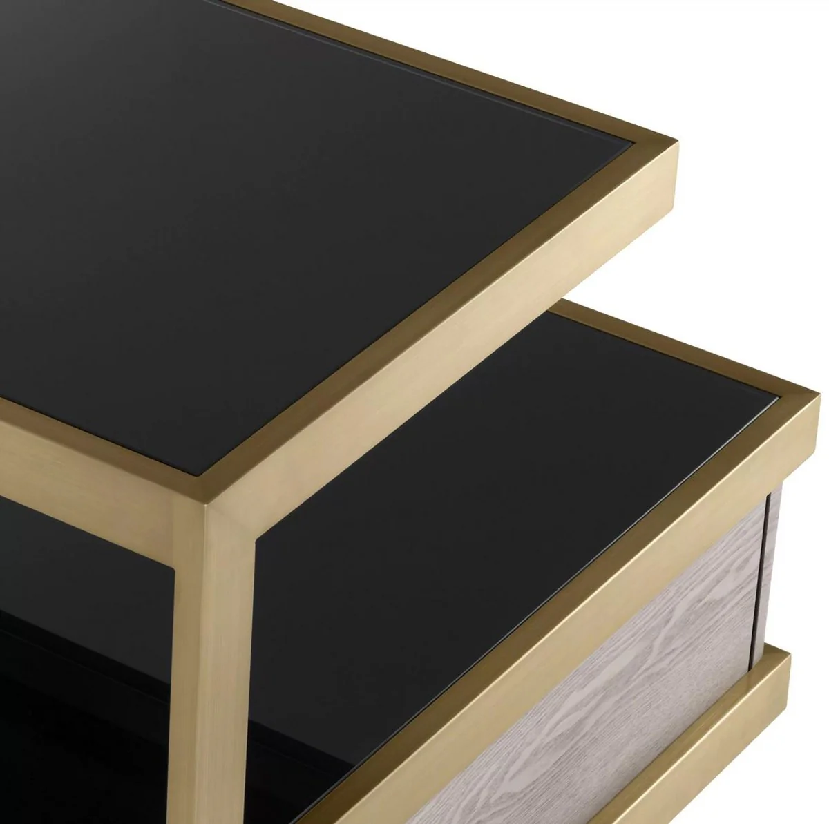 Luxury side table brass / gray / black 70 x 75 x H. 58 cm - Living room side table with 2 drawers and 2 glass plates - Living room furniture - Luxury furniture - Luxury furnishings