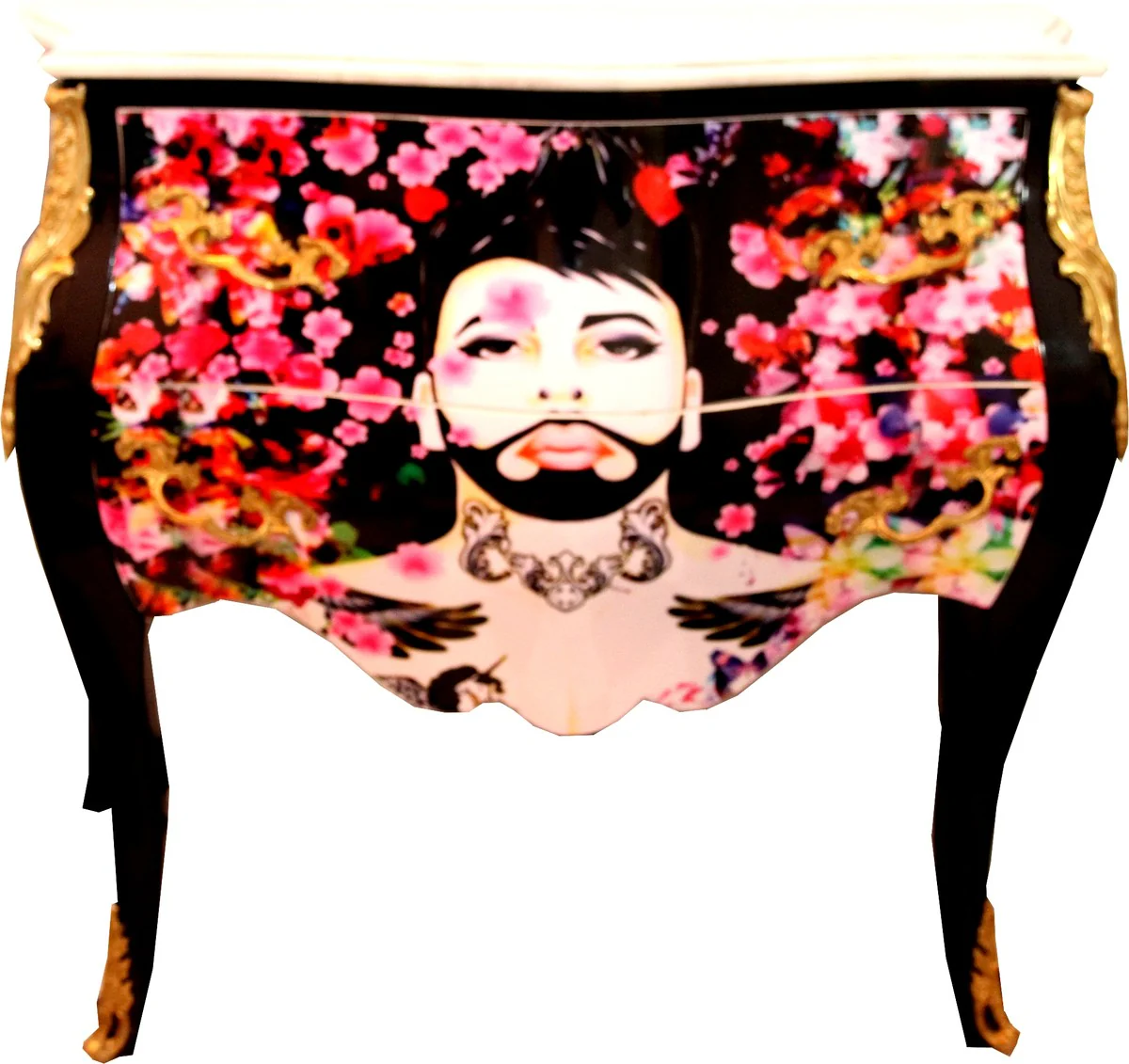 Pompöös by Baroque chest of drawers by Harald Glööckler black / gold with white marble top