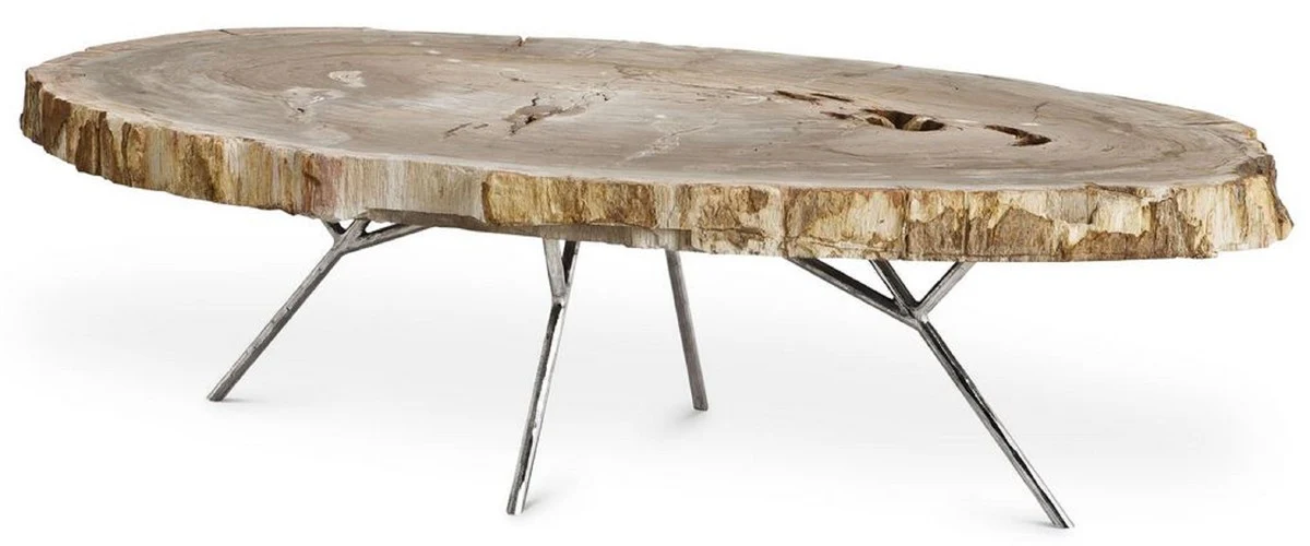 Luxury coffee table natural colors / silver 115 x 68 x H. 35 cm - Elegant living room table with petrified wood table top and stainless steel legs - Luxury living room furniture