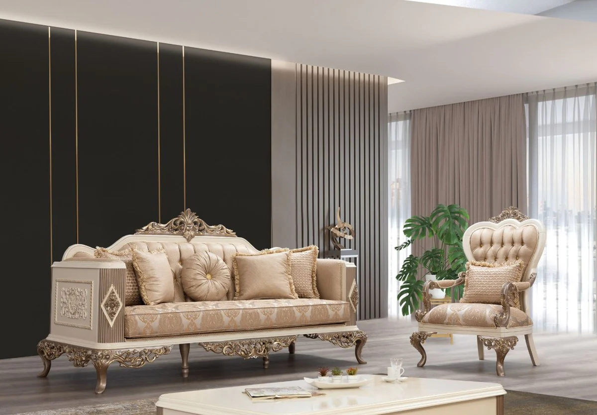 Luxury Baroque Living Room Set Brown / White / Gold - 2 Sofas & 2 Armchairs & 1 Coffee Table - Magnificent Baroque Living Room Furniture