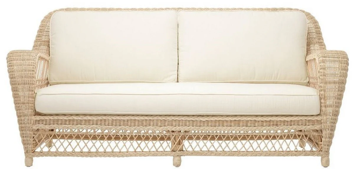 Luxury living room sofa with cushions natural / cream 202 x 99 x H. 97 cm - Upholstered couch with hand-woven rattan weave