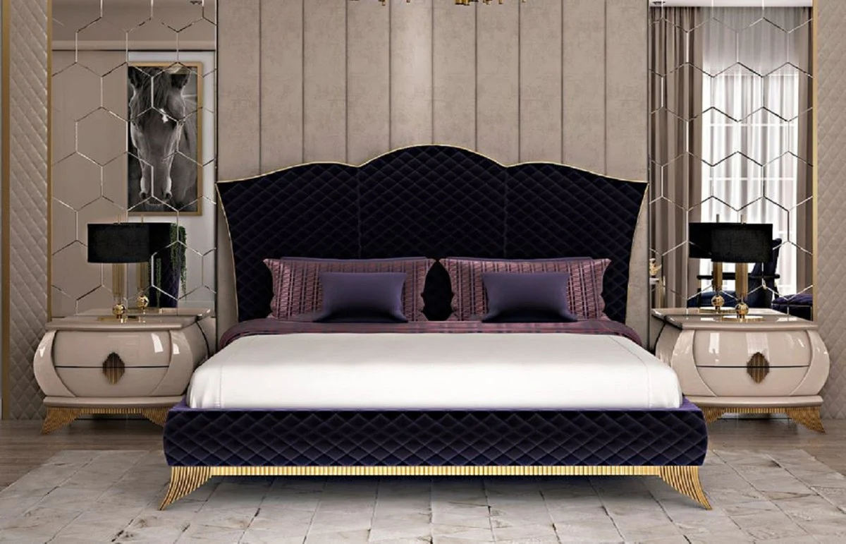 Luxury Art Deco Bedroom Set Purple / Cream / Gold - 1 Double Bed with Headboard & 2 Nightstands - Art Deco Bedroom & Hotel Furniture - Luxury Collection