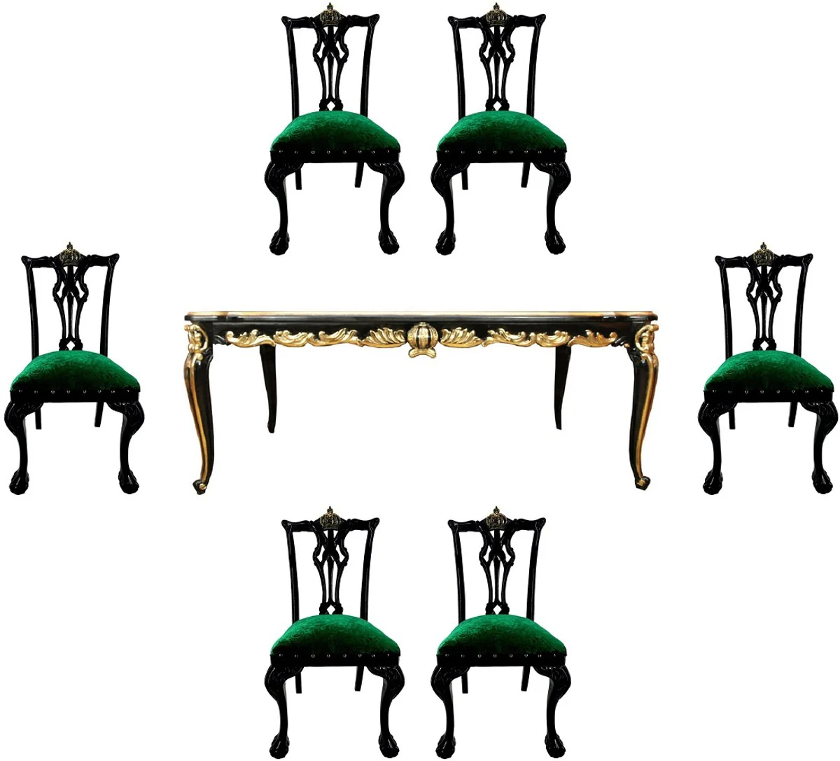 Pompöös by Baroque luxury dining room set green / black / gold - 1 baroque dining table with glass top and 6 baroque dining chairs designed by Harald Glööckler - Pompöös baroque furniture