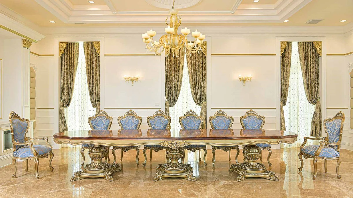 Luxury Baroque Dining Table Brown Intarsia / Gold 420 cm - Baroque Furniture - Made in Italy