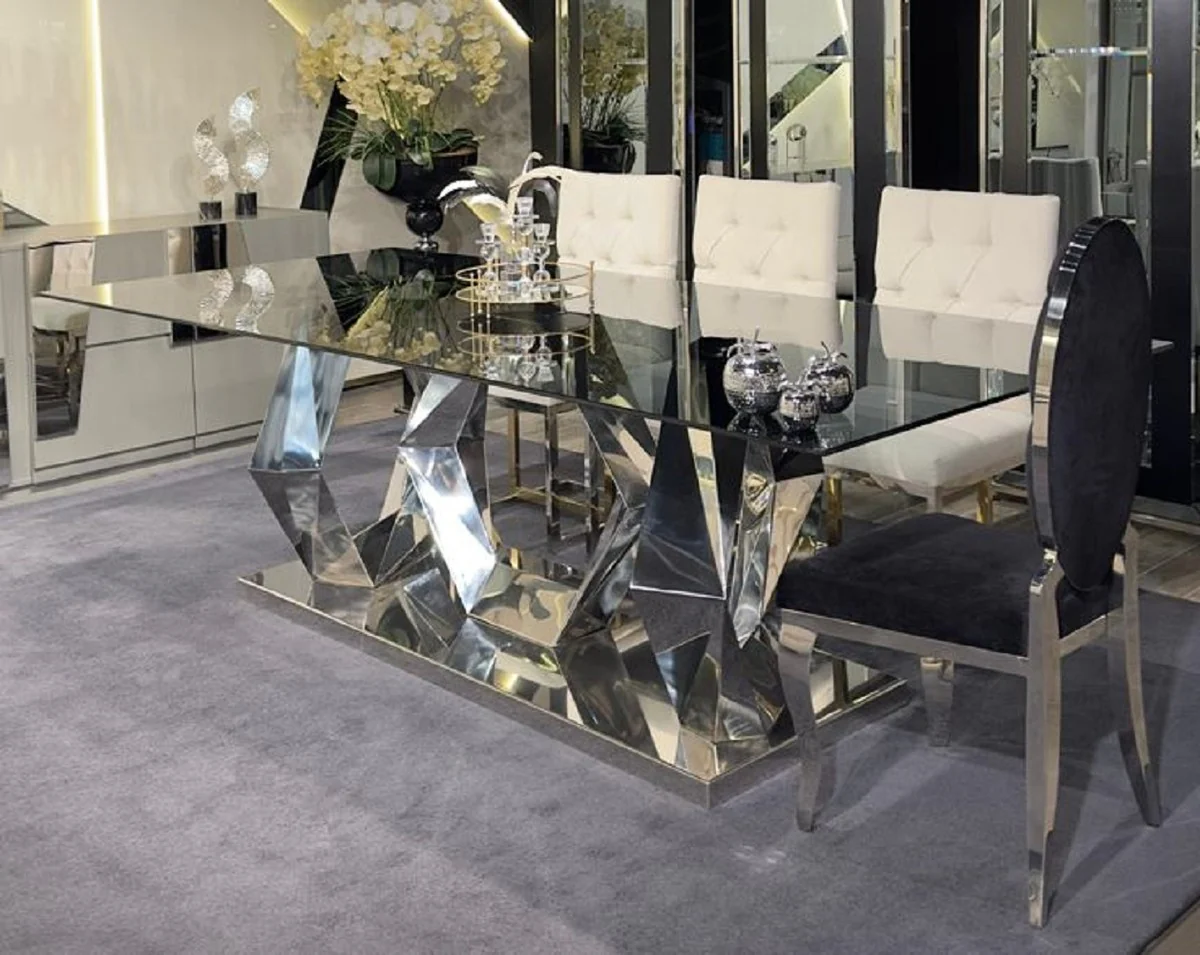 Luxury designer dining table silver 240 x 100 x H. 76 cm - Rectangular metal dining room table with glass top - Dining room furniture - Luxury furniture - Luxury dining room furnishings