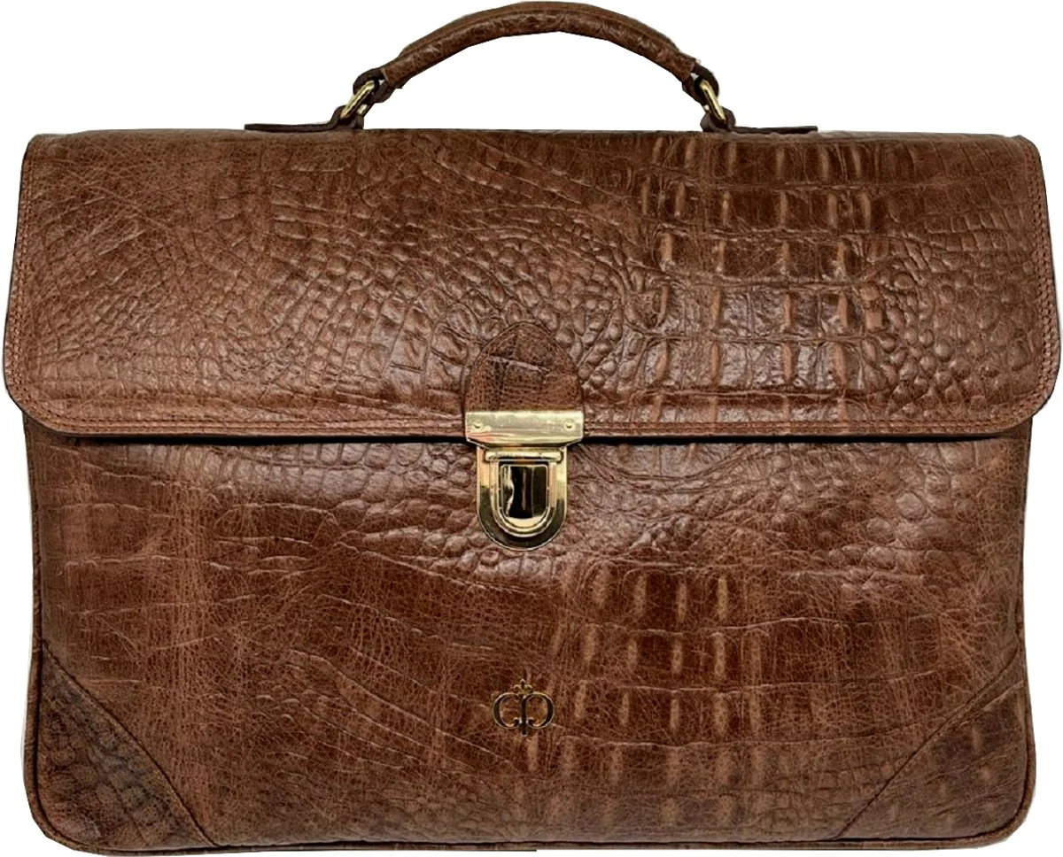 Luxus Echtleder Herren Aktentasche in Kroko Optik Braun / Gold 42 cm - Made in Italy
